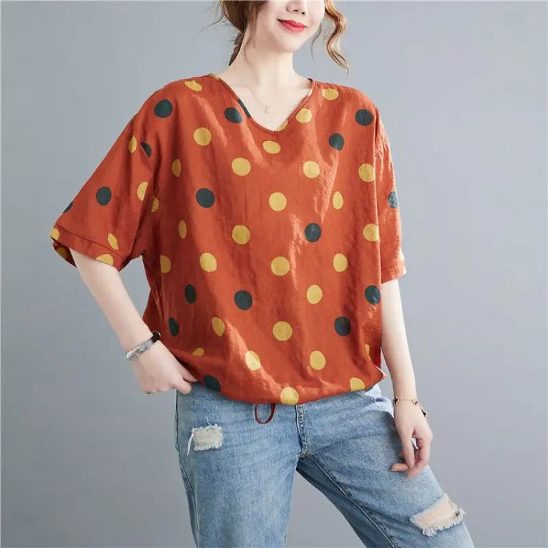 Women's Vintage Printed Cotton Loose T-Shirt - Summer Wear