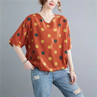 Women's Vintage Printed Cotton Loose T-Shirt - Summer Wear