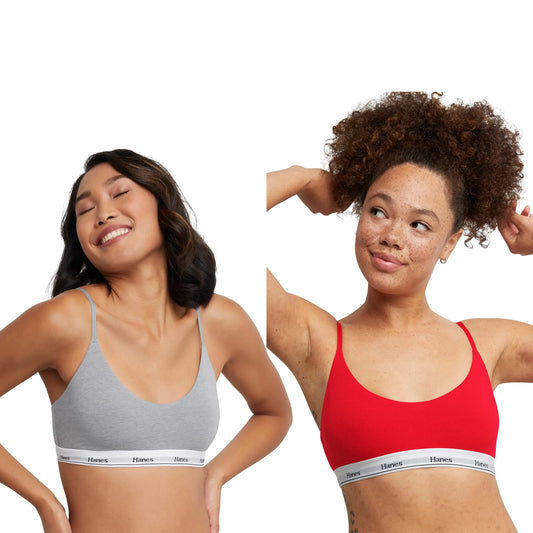 Hanes Womens Originals Cropped Bralette Pack Breathable Stretch Cotton Bras 2-Pack Shelton Red/Concrete Heather X-Large
