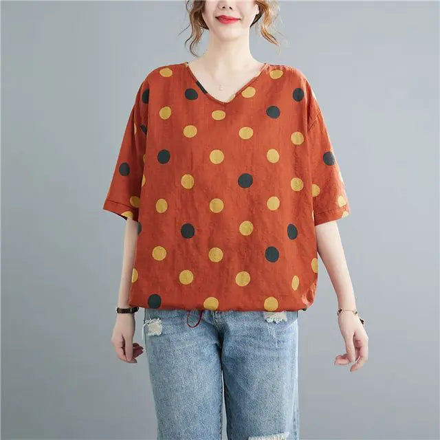 Women's Vintage Printed Cotton Loose T-Shirt - Summer Wear