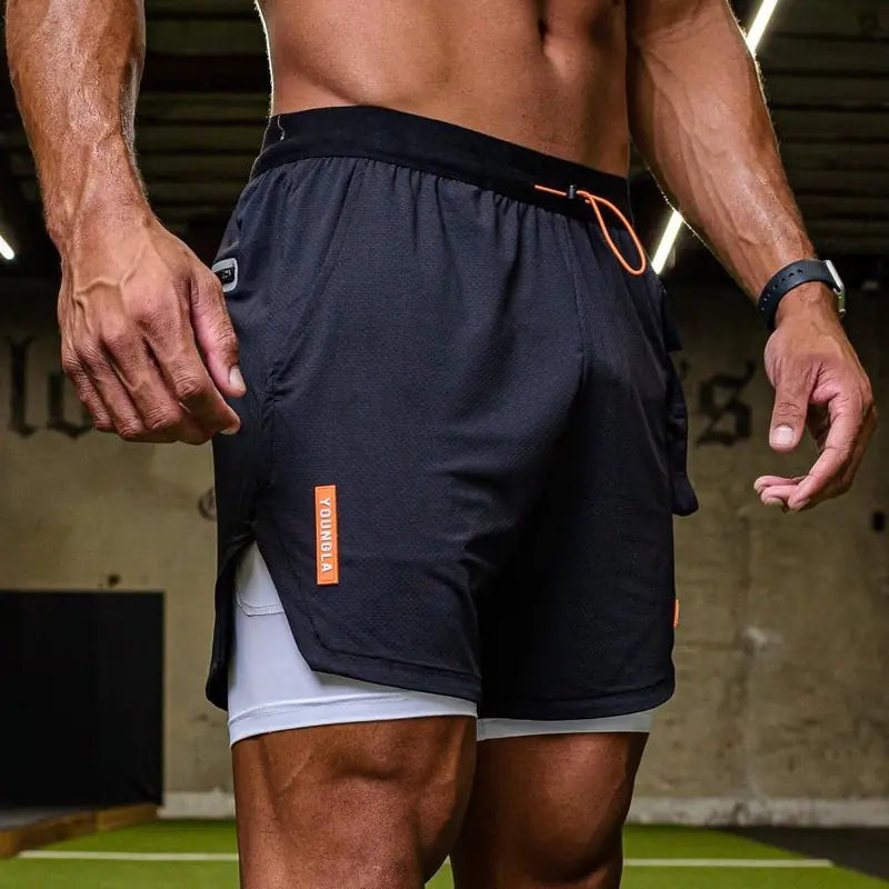 Men's Double Layer Stretch Shorts for Fitness Exercise