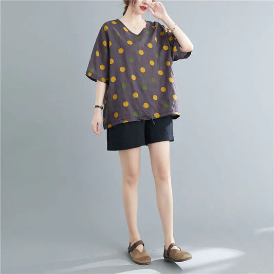 Women's Vintage Printed Cotton Loose T-Shirt - Summer Wear