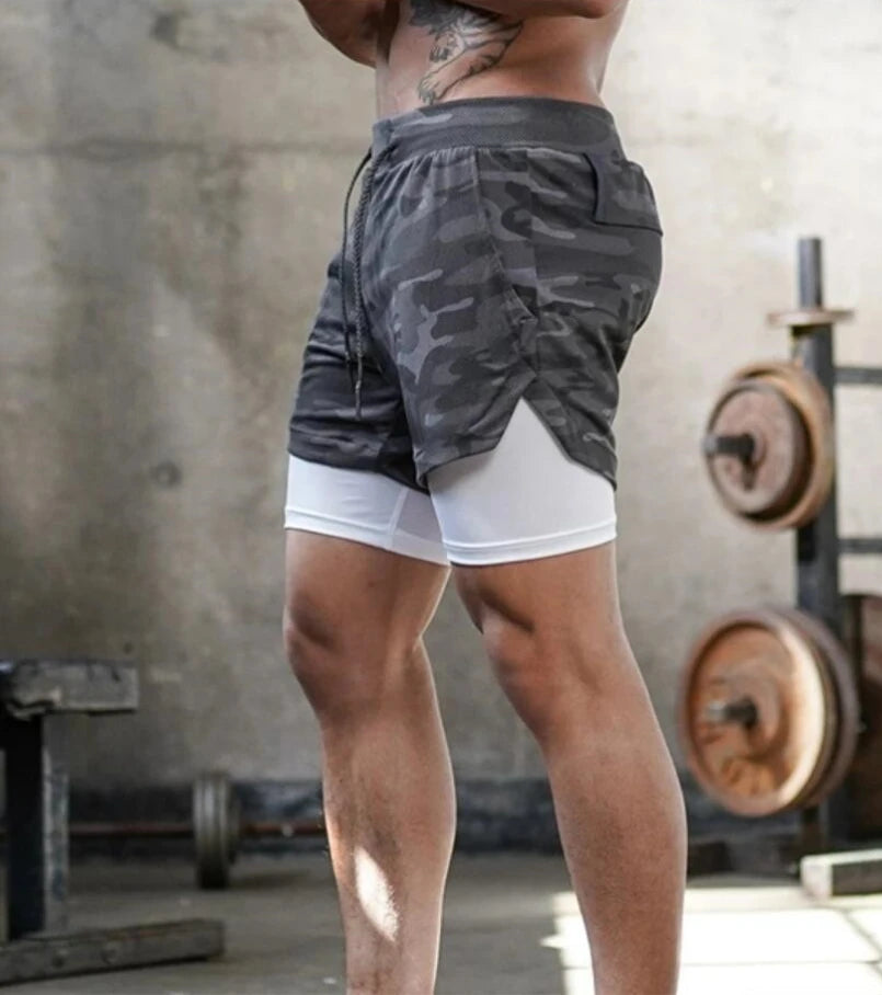 Men's 2 in 1 Running Shorts Gym Fitness Shorts with Pockets Summer Sportswear Quick Dry Stretch M-XXXL