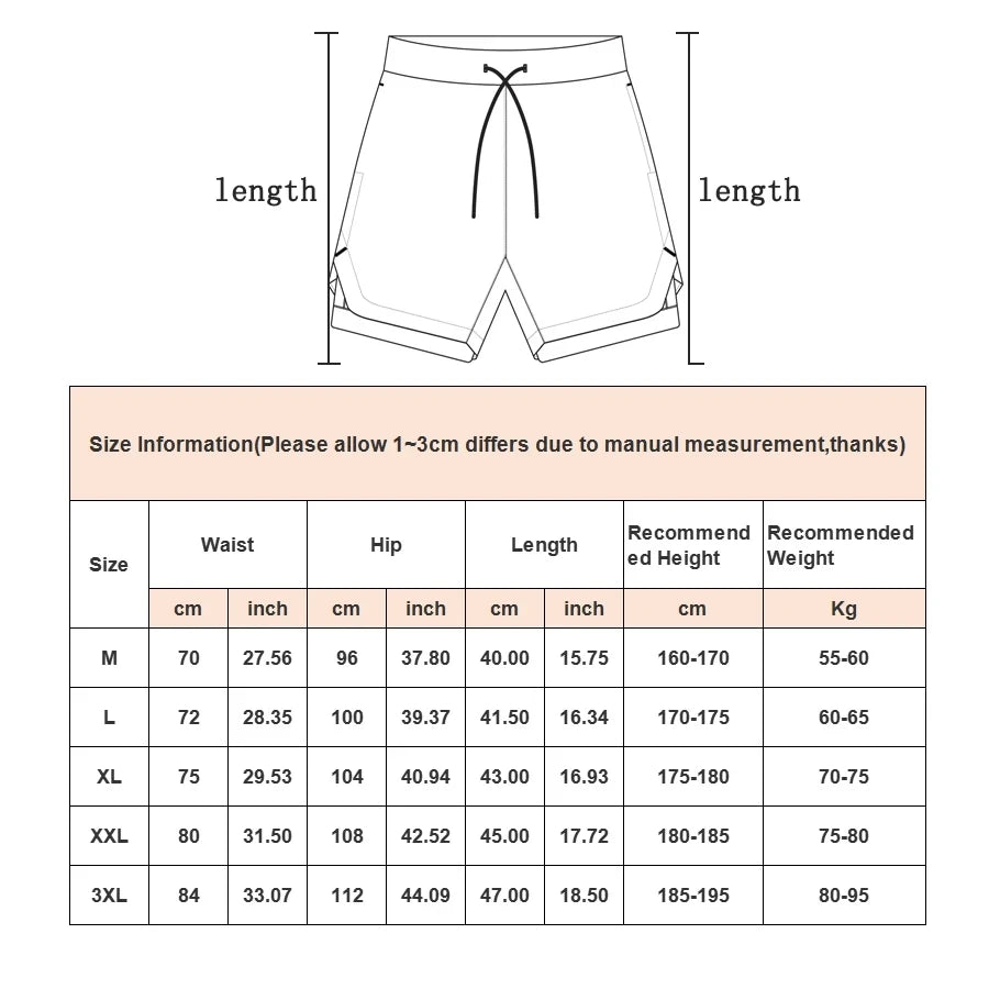 Men's 2 in 1 Running Shorts Gym Fitness Shorts with Pockets Summer Sportswear Quick Dry Stretch M-XXXL
