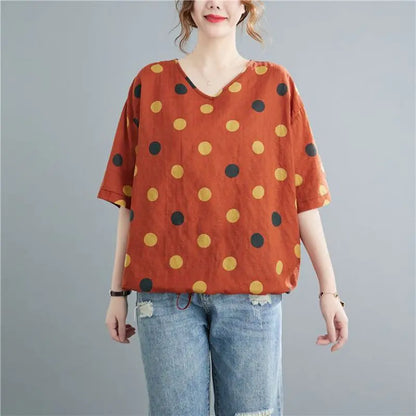 Women's Vintage Printed Cotton Loose T-Shirt - Summer Wear