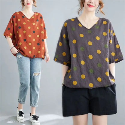 Women's Vintage Printed Cotton Loose T-Shirt - Summer Wear