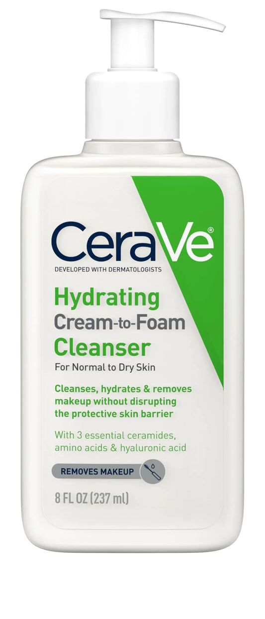 CeraVe Hydrating Cream To Foam Cleanser Makeup Remover Face Wash For Dry Skin Foaming Facial Cleanser With Hyaluronic Acid Normal To Dry Skin Fragrance Free & Non Comedogenic 8 Fluid Ounces