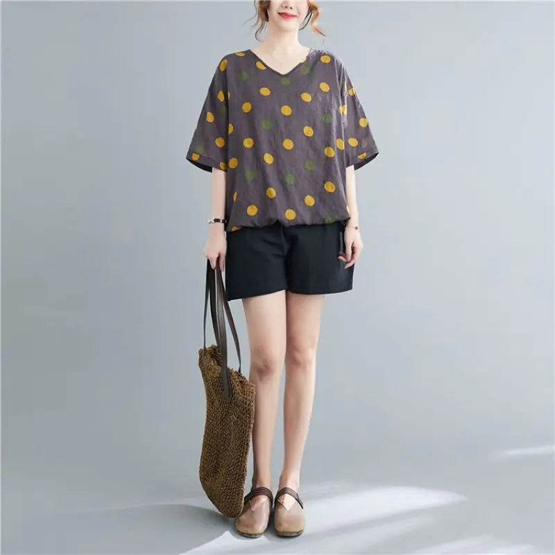 Women's Vintage Printed Cotton Loose T-Shirt - Summer Wear