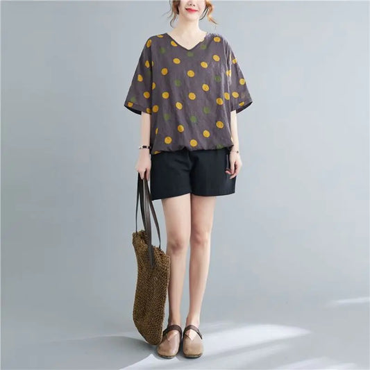 Women's Vintage Printed Cotton Loose T-Shirt - Summer Wear