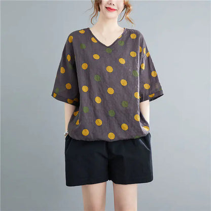 Women's Vintage Printed Cotton Loose T-Shirt - Summer Wear